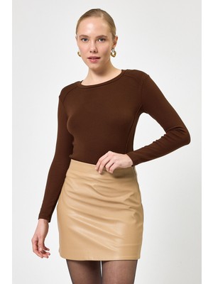 Rays Kahverengi Uzun Kollu Bisiklet Yaka Dikiş Detaylı Kadın Body 8223A