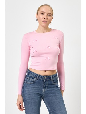 Rays Pembe Bisiklet Yaka Kurdele Aplike Detaylı Kadın Crop Body 8264A