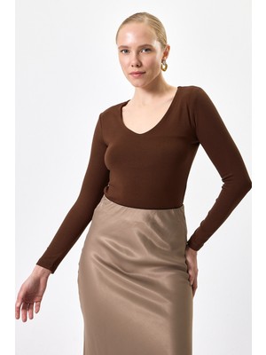 Rays Kahverengi Fitilli V Yaka Uzun Kollu Kadın Body 8266A