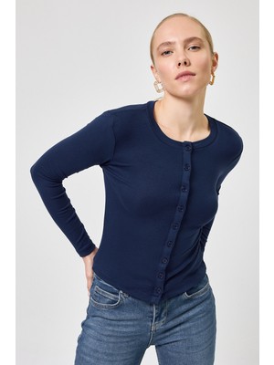 Rays Lacivert Ön Düğmeli Bisiklet Yaka Uzun Kollu Fitilli Kadın Body 8270A