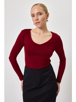 Rays Bordo Fitilli V Yaka Uzun Kollu Kadın Body 8266A