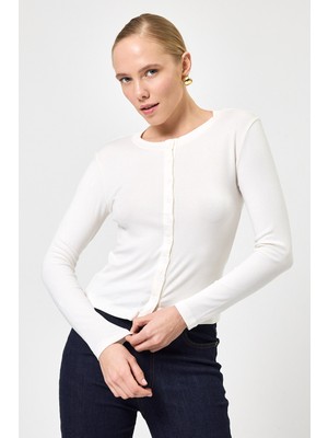 Rays Ekru Ön Düğmeli Bisiklet Yaka Uzun Kollu Fitilli Kadın Body 8270A