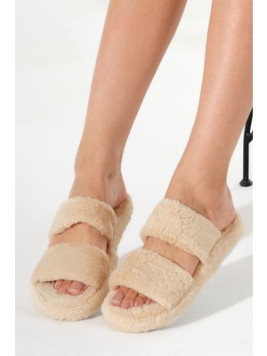 Tonny Black Kadın Bej Çift Bantlı Peluş Ev Terliği