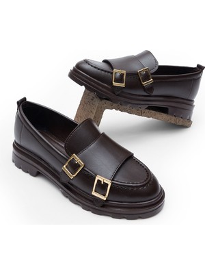 Tonny Black Kadın Bordo Kalın Poli Taban Çift Tokalı Günlük Loafer