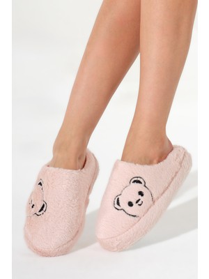 Tonny Black Kadın Pudra Ayıcık Desenli Önü Kapalı Peluş Ev Terliği