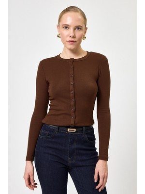 Rays Kahverengi Ön Düğmeli Bisiklet Yaka Uzun Kollu Fitilli Kadın Body 8270A