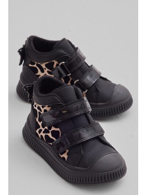 Tonny Black Çocuk Unisex Siyah Leopar Esnek Termo Taban Çift Cırtlı Şerit Desenli Spor Kısa Bot
