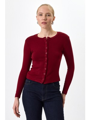 Rays Bordo Ön Düğmeli Bisiklet Yaka Uzun Kollu Fitilli Kadın Body 8270A