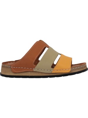 Napa Shoes Hakiki Deri Üç Bantlı Çok Renkli Ortopedik Kadın Terlik NAPA-303