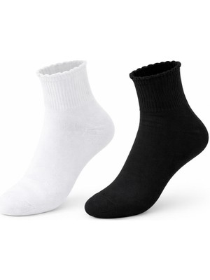 Plus Scorpion Kadın Beyaz-Siyah -Çok Renkli  Kısa Konç Pikot Çorap – Günlük Kullanıma Uygun Yumuşak ve Konforlu