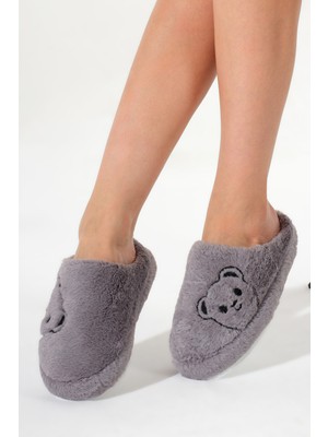 Tonny Black Kadın Füme Ayıcık Desenli Önü Kapalı Peluş Ev Terliği