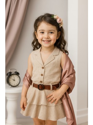 tinytrends Kız Çocuk Linen Yelek ve Etek Elbise 2'li Takım