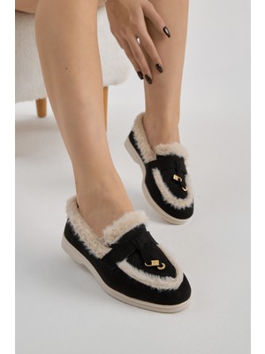 Tonny Black Kadın Siyah Beyaz Termo Taban Kürk Detaylı Süet Görünümlü Tokalı Günlük Loafer Ayakkabı