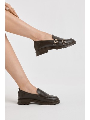 Tonny Black Kadın Kahve Kalın Poli Taban Çift Tokalı Günlük Loafer