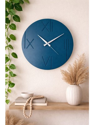 Dekoratif Roma Rakamlı Ahşap Tasarım Duvar Saati Lacivert (Hand Made)