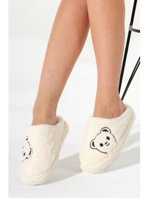Tonny Black Kadın Krem Ayıcık Desenli Önü Kapalı Peluş Ev Terliği