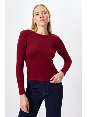 Rays Bordo Uzun Kollu Bisiklet Yaka Dikiş Detaylı Kadın Body 8223A