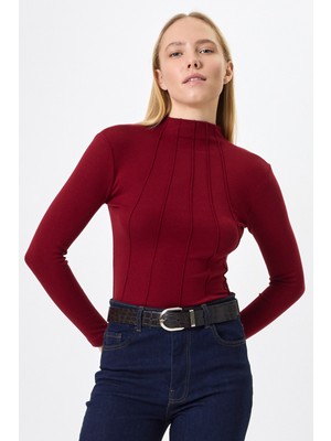 Rays Bordo Uzun Kollu Yarım Balıkçı Yaka Dikiş Detaylı Kadın Body 8225A