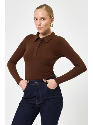 Rays Kahverengi Polo Yaka Düğmeli Uzun Kollu Bluz 8222A