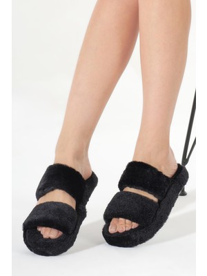Tonny Black Kadın Siyah Çift Bantlı Peluş Ev Terliği