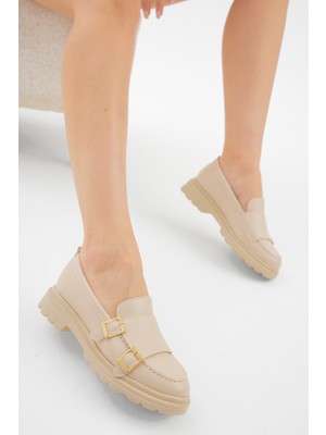 Tonny Black Kadın Bej Kalın Poli Taban Çift Tokalı Günlük Loafer