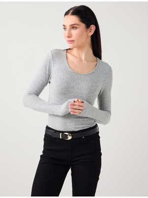Jimmy Key Gri Melanj Dar Kesim U Yaka Yumuşak Dokulu Örme Bluz