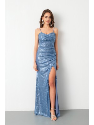 Lafaba Kadın Indigo Yırtmaçlı Pul Payet Uzun Abiye Elbise