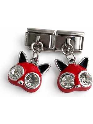 Poseidons Jewellery Kırmızı Kedi Figürlü Taşlı Italyan Charm | Sallantılı Paslanmaz Çelik Bileklik Ucu