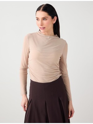 Jimmy Key Ten Rengi Dar Kesim Uzun Kollu Dik Yaka Taşlı Mesh Örme Bluz