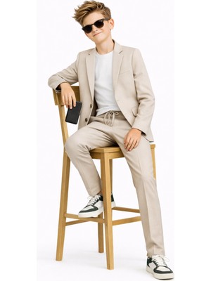Ahengim Erkek Çocuk Casual Slim Fit Takım Elbise 7 Yaş Özel Günler İçin Bej Renk
