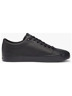 Tommy Hilfiger Erkek Deri Karşımlı Logo Detaylı Siyah Sneaker