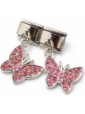 Hector Co Jewellery Italyan Charm Pembe Taşlı Kelebek Figürlü Modüler Bileklik Charmı