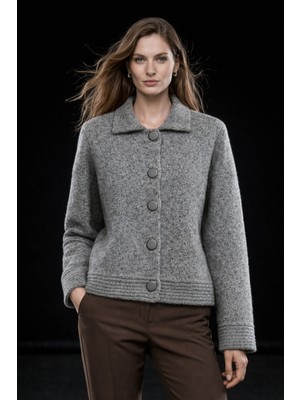 Studio Fashion 1988 Kadın Antrasit Polo Yaka Yumuşak Dokulu Düğmeli Triko Hırka