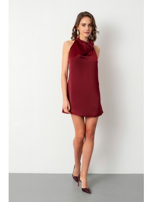 Lafaba Kadın Bordo Halter Yaka Mini Saten Abiye Elbise