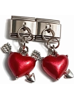 Poseidons Jewellery Ok ve Kanat Detaylı Kırmızı Kalp Figürlü Italyan Charm – Çelik Bileklik Uyumlu Sallantılı Charm