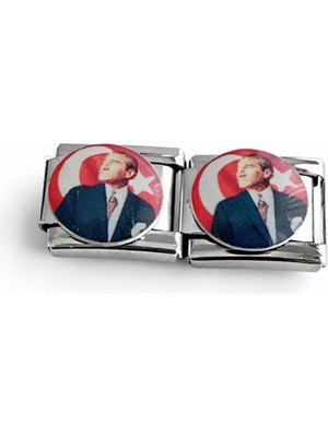 Hector Co Jewellery Atatürk Figürlü Italyan Charm | Türk Bayrağı Desenli Paslanmaz Çelik Bileklik Ucu