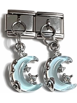 Poseidons Jewellery Ay ve Yıldız Figürlü Mavi Italyan Charm – Çelik Bileklik Uyumlu Sallantılı Charm