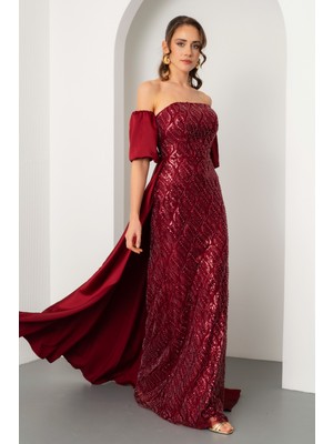 Lafaba Kadın Bordo Straplez Balon Kol Taşlı Uzun Abiye Elbise