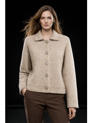 Studio Fashion 1988 Kadın Bej Polo Yaka Yumuşak Dokulu Düğmeli Triko Hırka