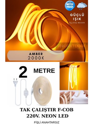 220V Cob Neon LED Amber 2000K, Yüksek Lümen, Dış ve Iç Mekan, 2 Metre