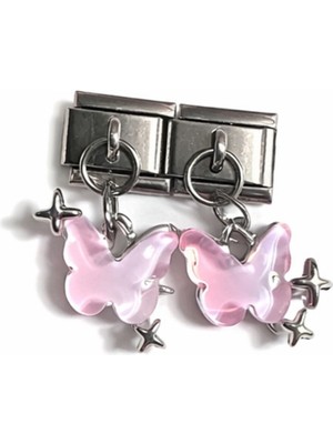 Hector Co Jewellery Pembe Kelebek Figürlü Yıldız Detaylı Italyan Charm – Çelik Bileklik Uyumlu Sallantılı Charm