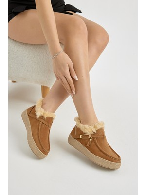 Tonny Black Kadın Taba Termo Taban Süet Görünümlü Kürklü ve Püsküllü Günlük Kısa Bot