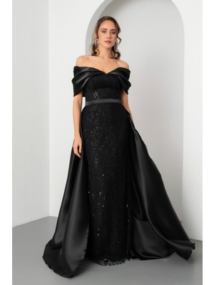 Lafaba Kadın Siyah Kayık Yaka Kuyruklu Uzun Abiye Elbise