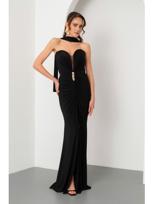 Lafaba Kadın Siyah Straplez Yaka Şal Detay Yırtmaçlı Uzun Abiye Elbise