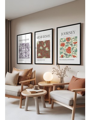 Zestia Siyah Çerçeveli 3’lü Tablo Seti, Vintage Çiçek Desenleri, Salon Set No: 30055