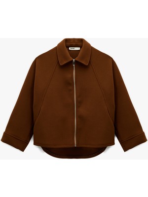 Koton Uzun Kollu Fermuarlı Oversize Kaşe Ceket