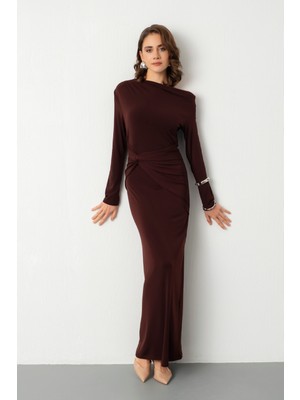 Lafaba Kadın Kahverengi Düğüm Detay Uzun Örme Elbise