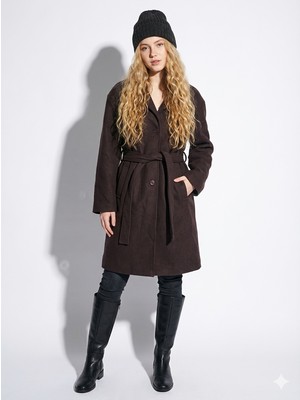 Ribana Classic Kadın Astarsız Regular Kalıp Mevsimlik Kuşak Detaylı Düğmeli Cepli Uzun Kollu Basic Kaşe Kaban