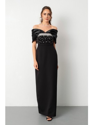 Lafaba Kadın Siyah Kayık Yaka Göğsü Taşlı Uzun Abiye Elbise
