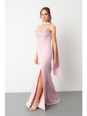 Lafaba Kadın Pudra Fularlı Göğsü Taşlı Uzun Balık Abiye Elbise